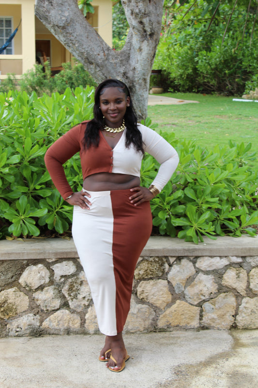 Coconut Breeze Skirt Set || Cream & Brown