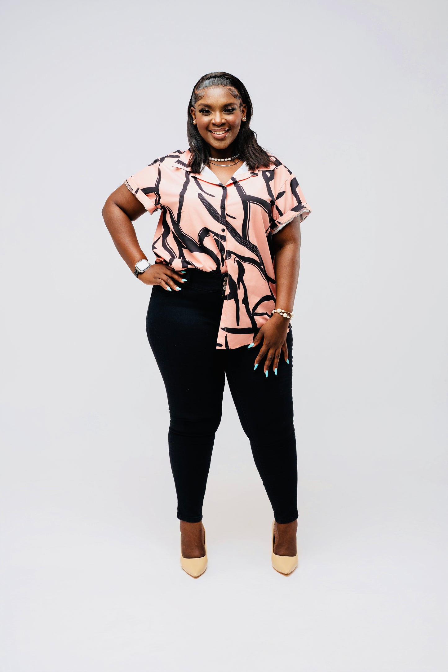 Bold Strokes Button-Up Blouse || Peachy Pink