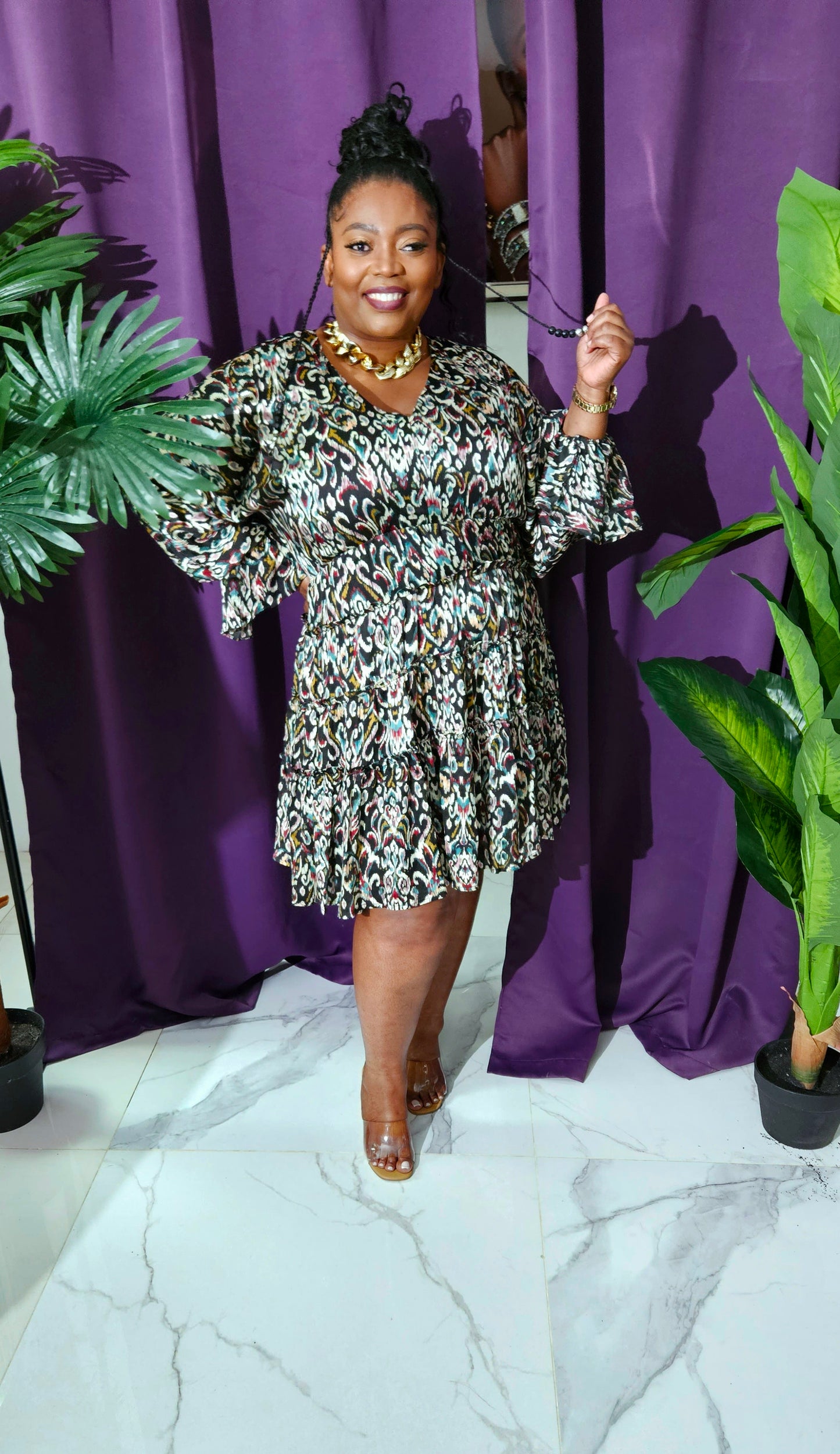 Ikat Satin Print Tiered Ruffle Dress