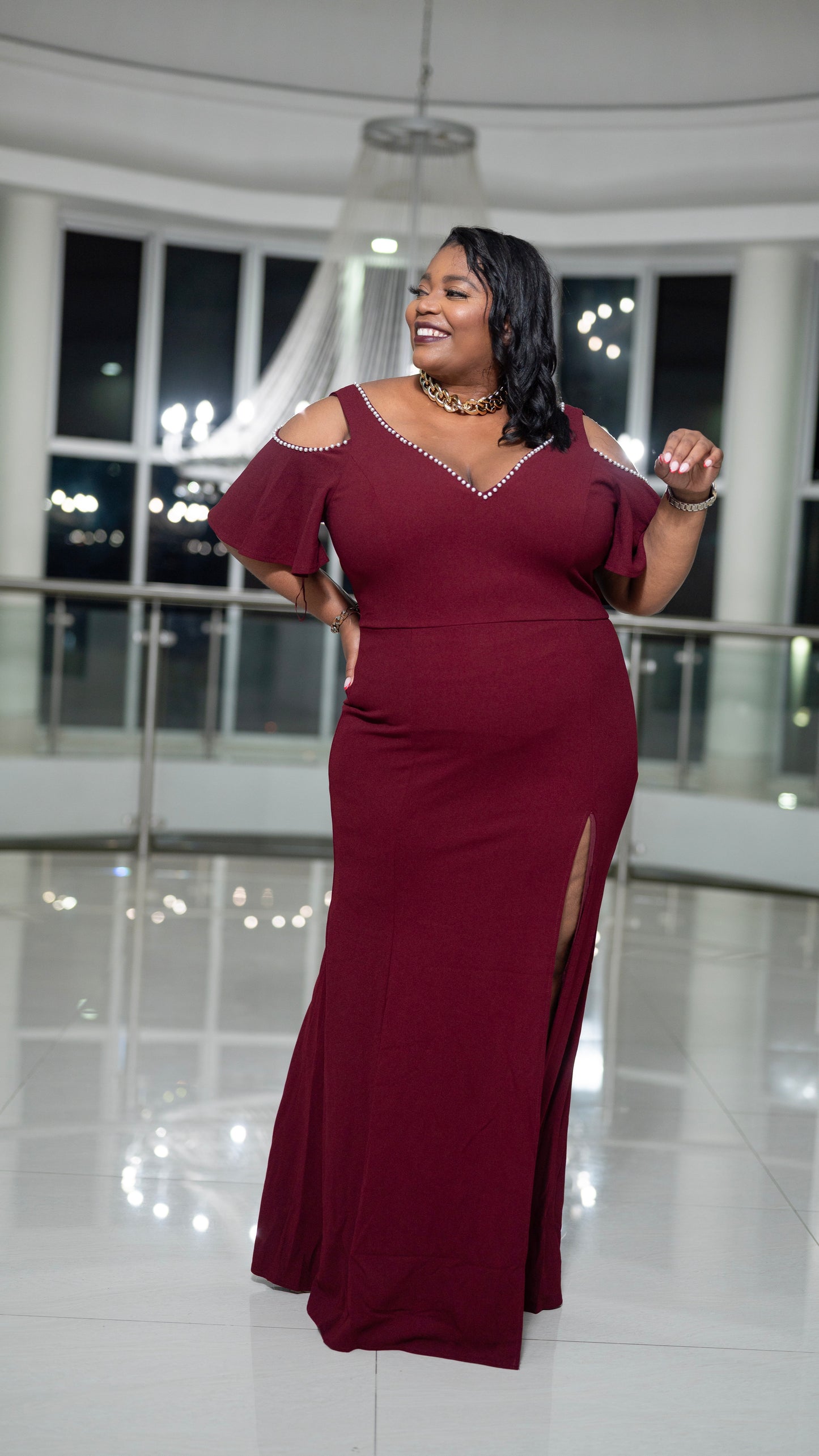 LILIA COLD SHOULDER PEARL TRIM GOWN - BURGUNDY