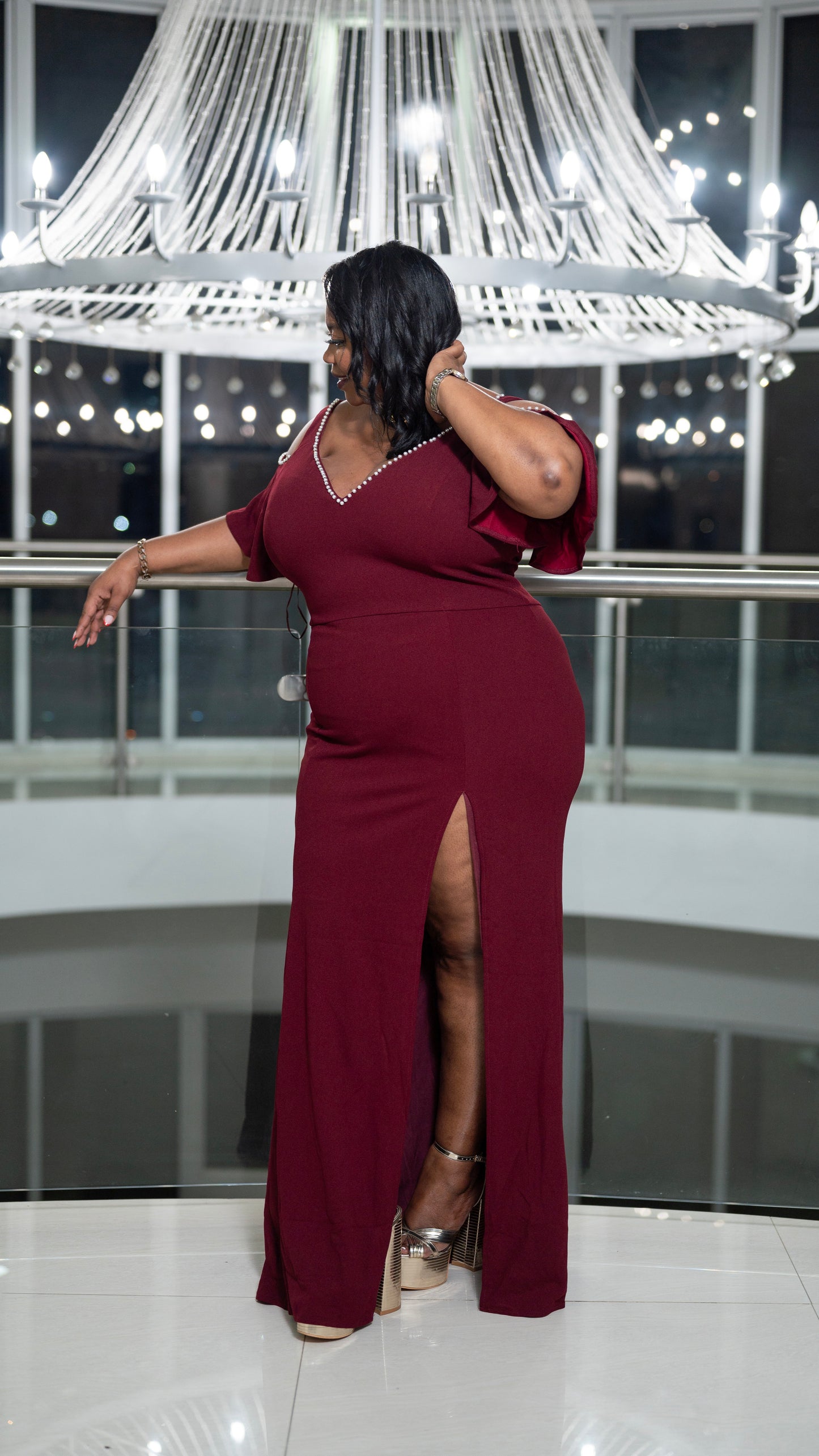 LILIA COLD SHOULDER PEARL TRIM GOWN - BURGUNDY