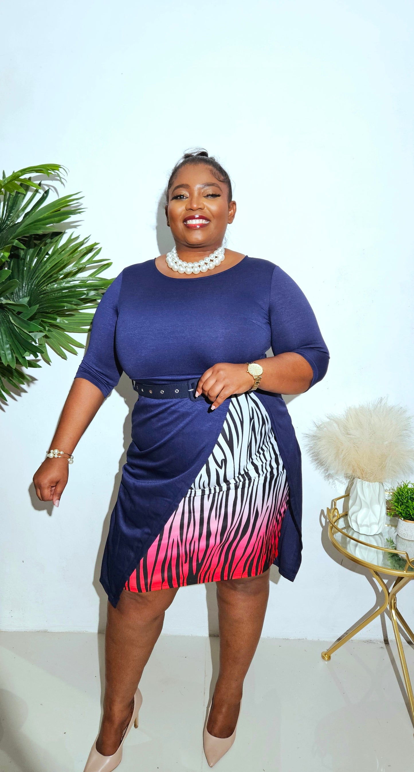 Zebra Two-Tone Belted Dress || Navy Pink