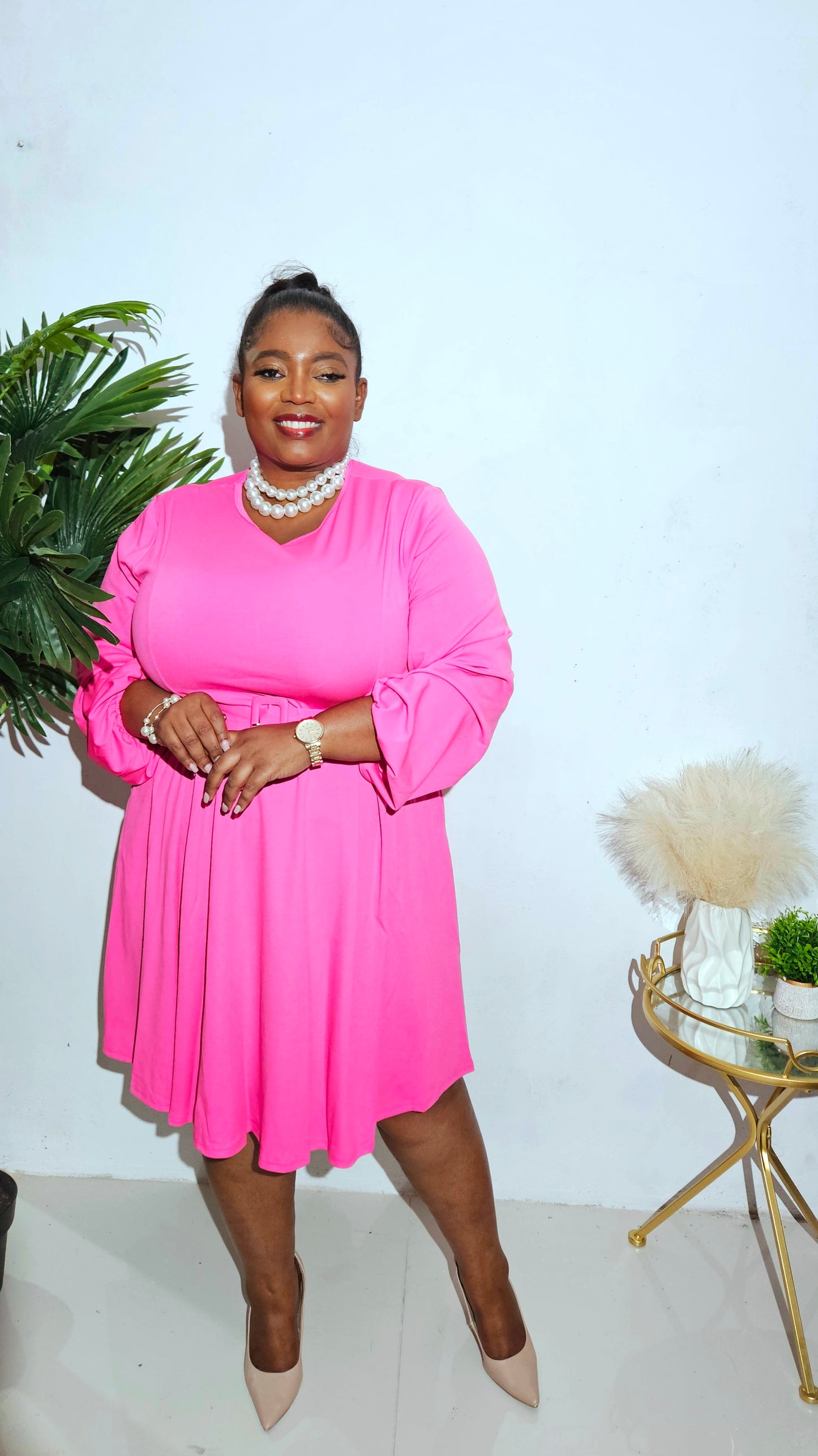 Belted Flare Dress || Pink