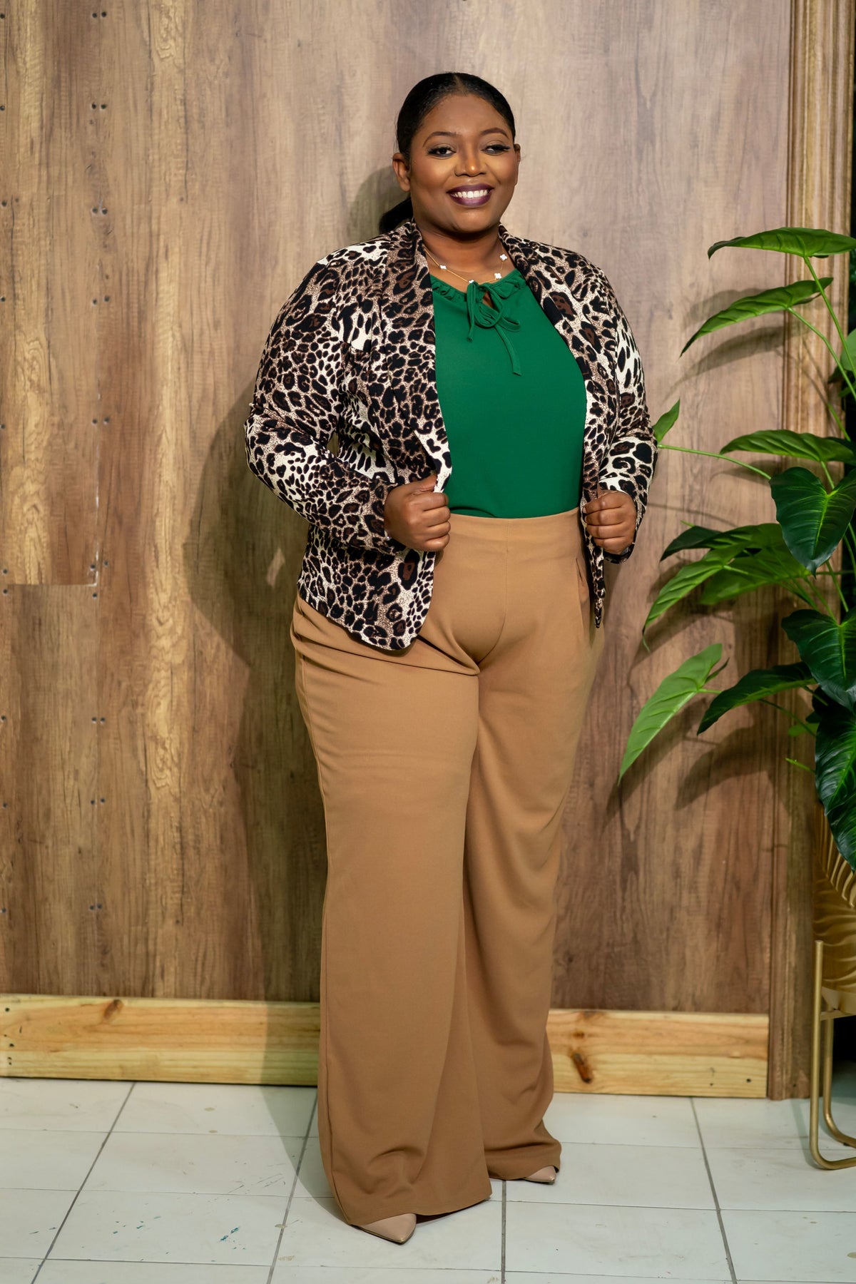 Leopard Print Open Blazer || Taupe