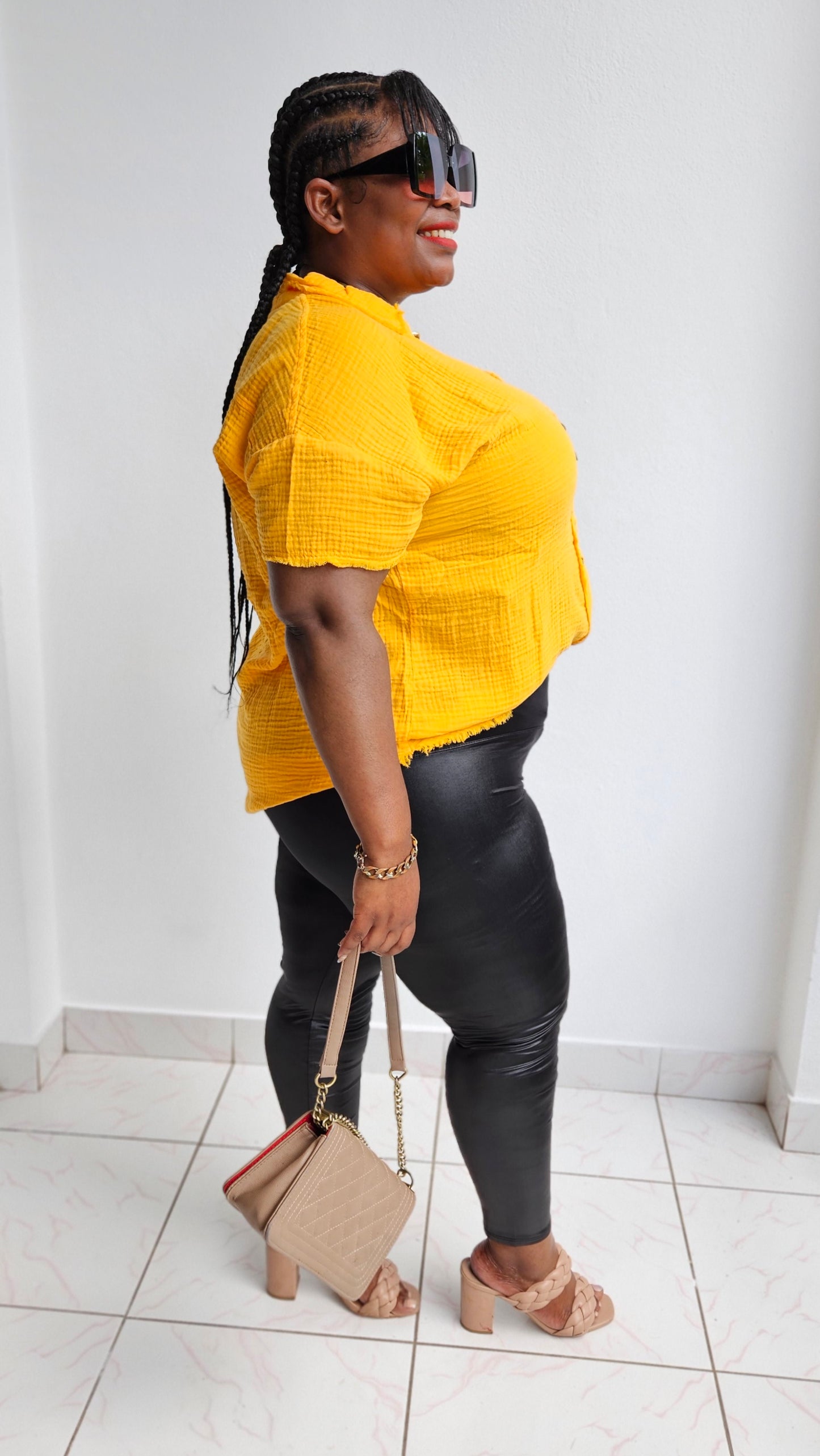 Softee Button Front Top || Yellow Gold