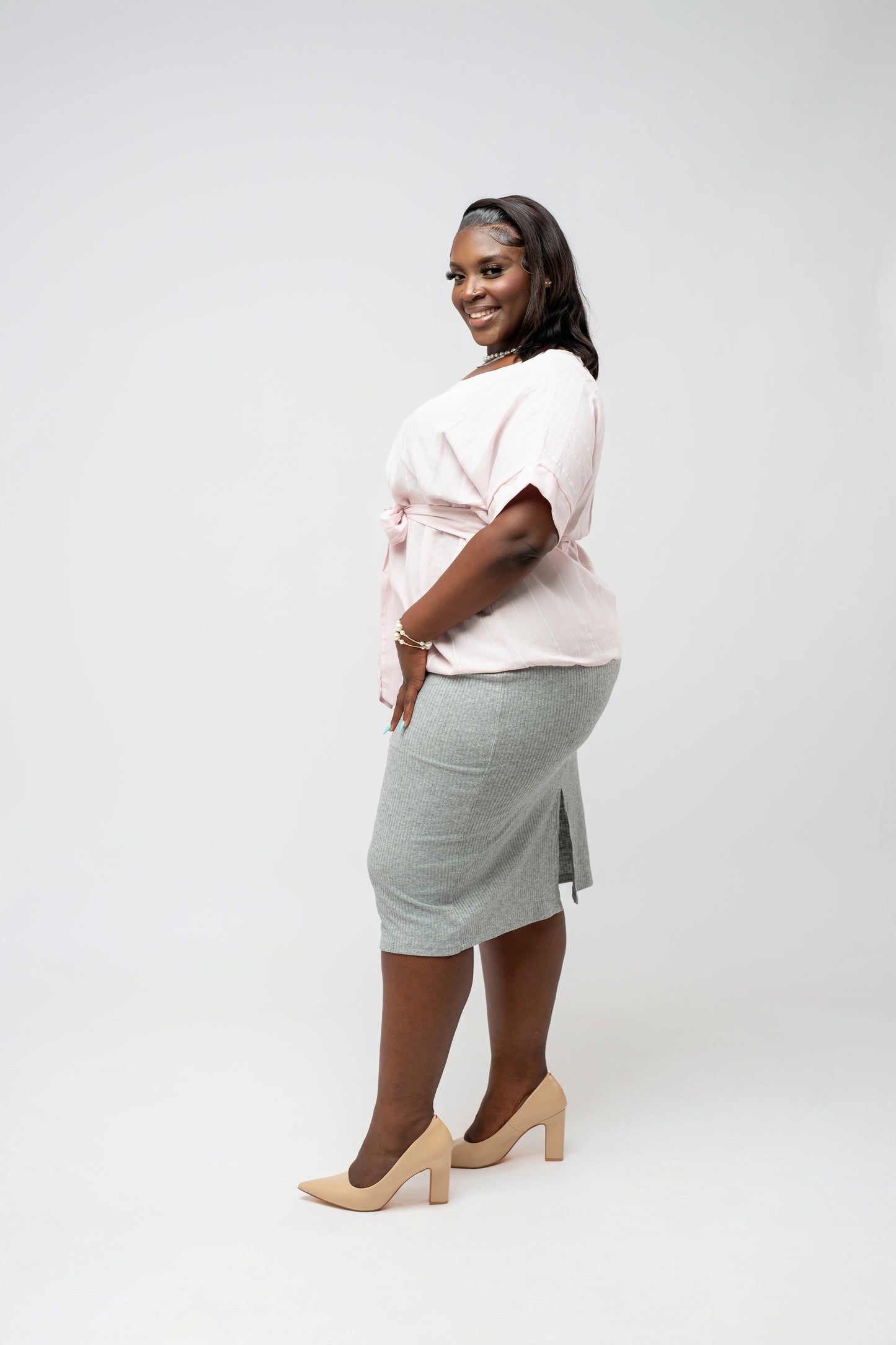 Ribbed Knit Midi Skirt || Lt Grey