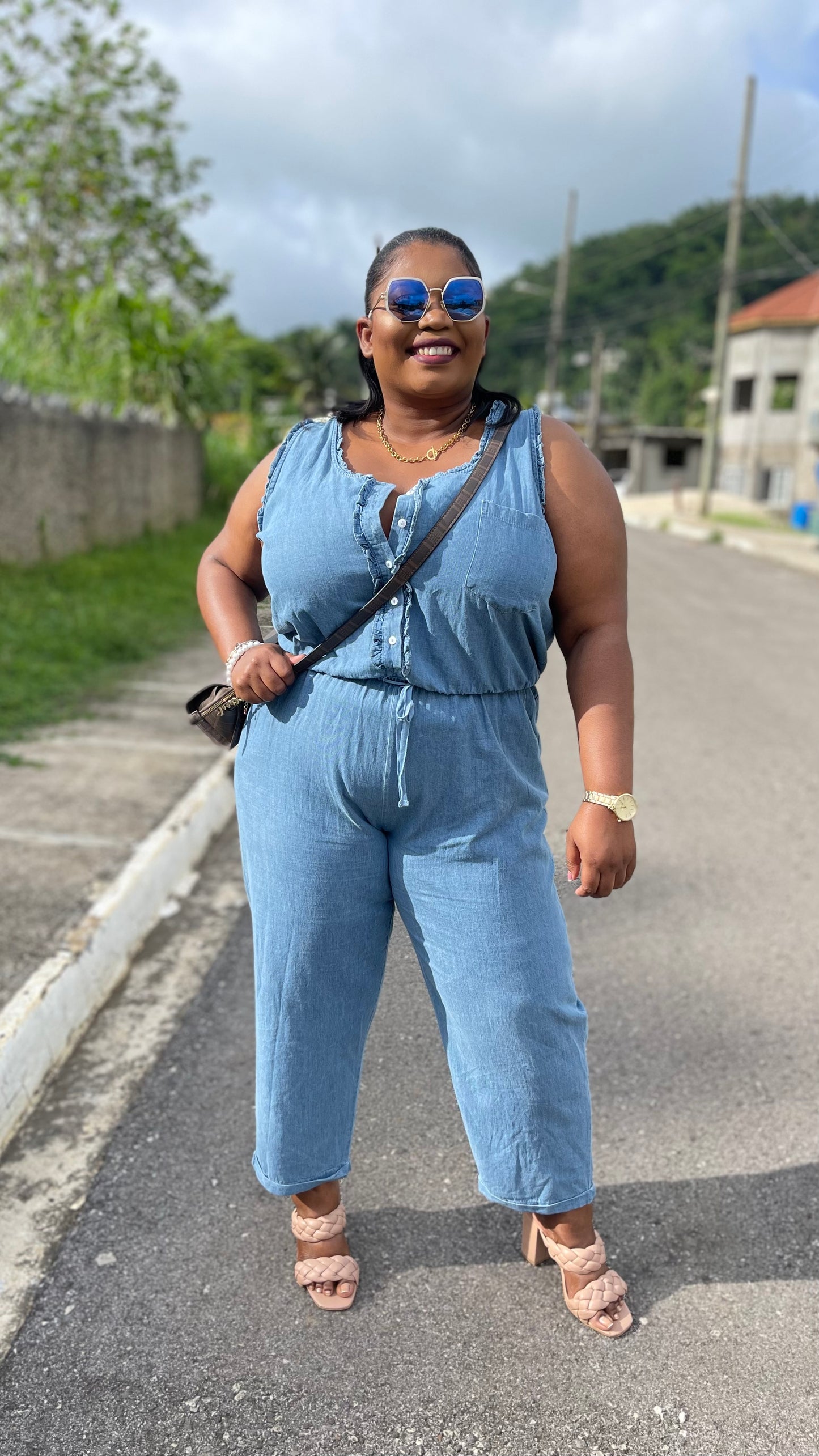 Sleeveless Solid Denim Jumpsuit