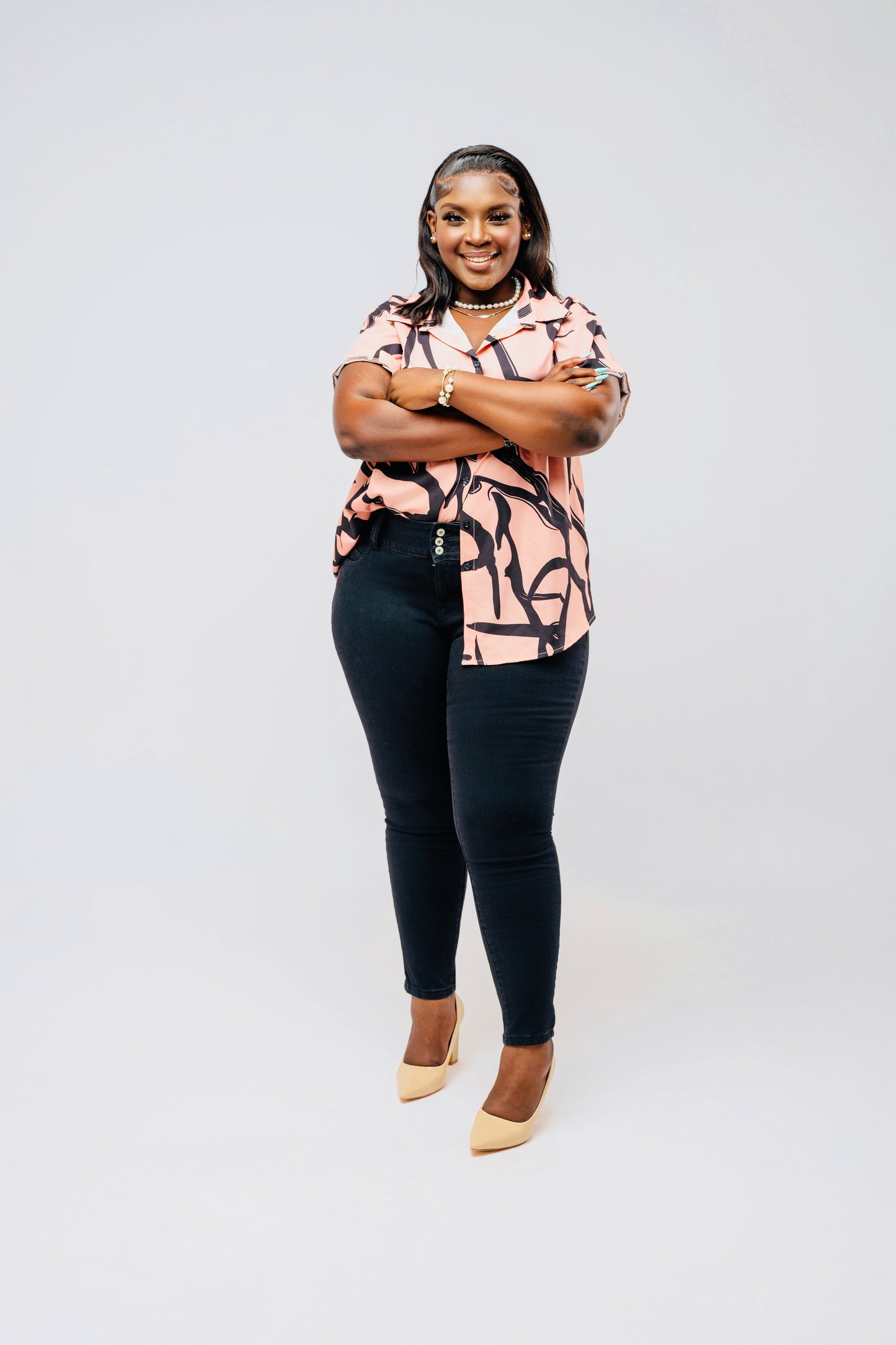 Bold Strokes Button-Up Blouse || Peachy Pink
