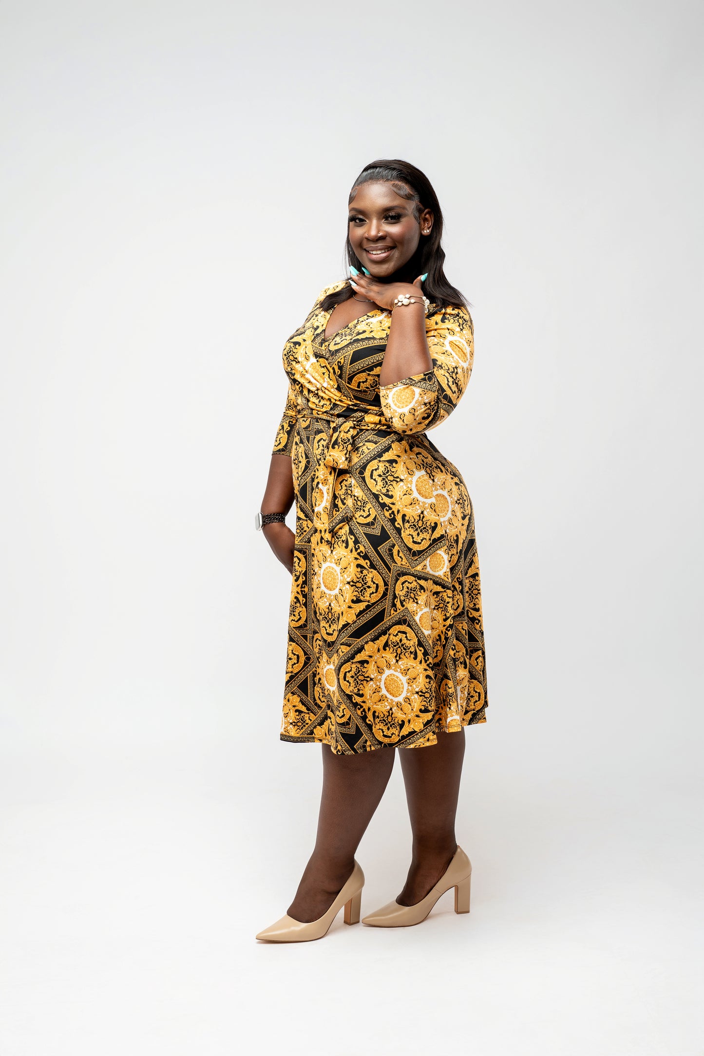 Venisia Allure Wrap Dress || Yellow Tribal Print