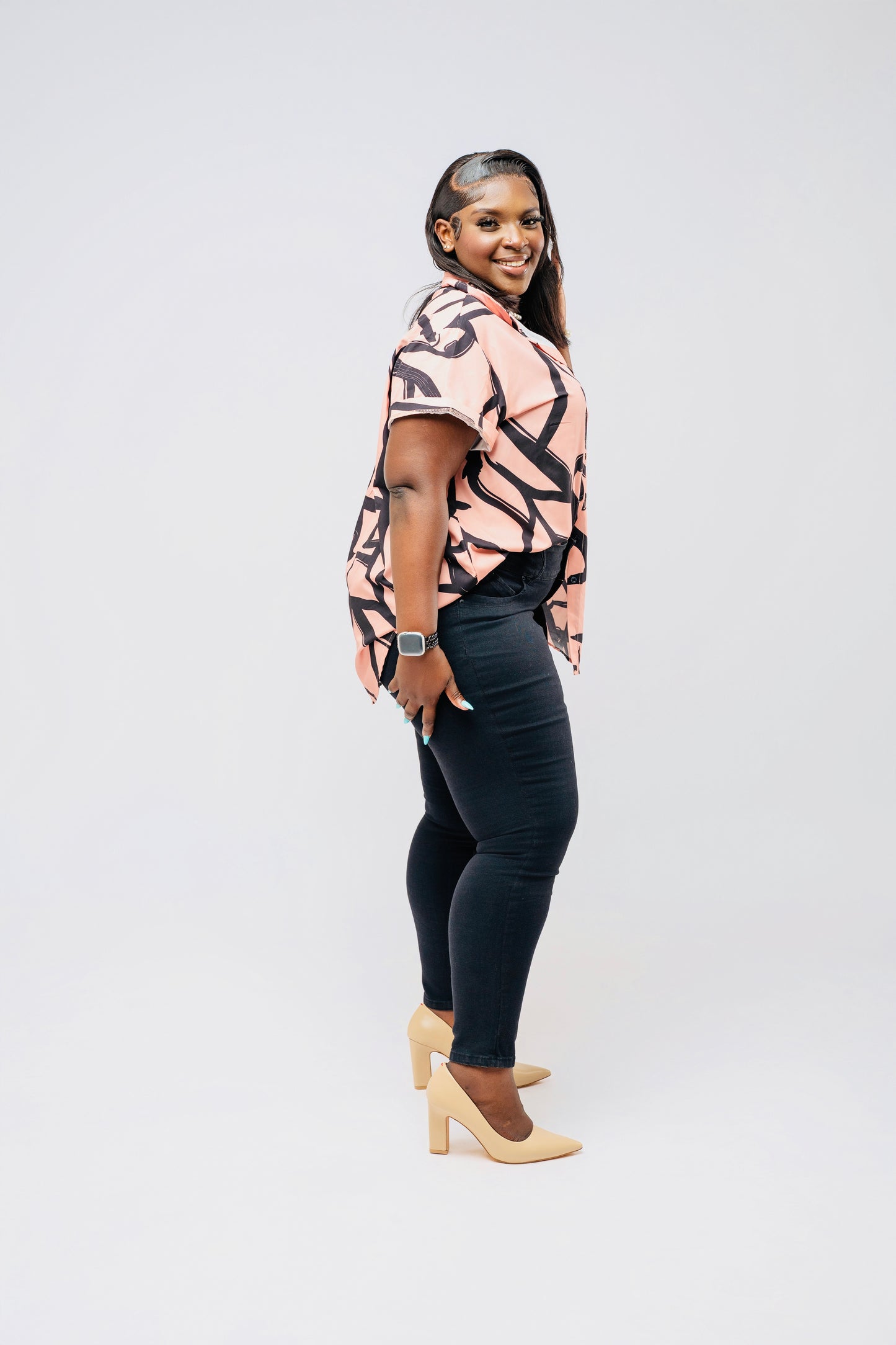 Bold Strokes Button-Up Blouse || Peachy Pink