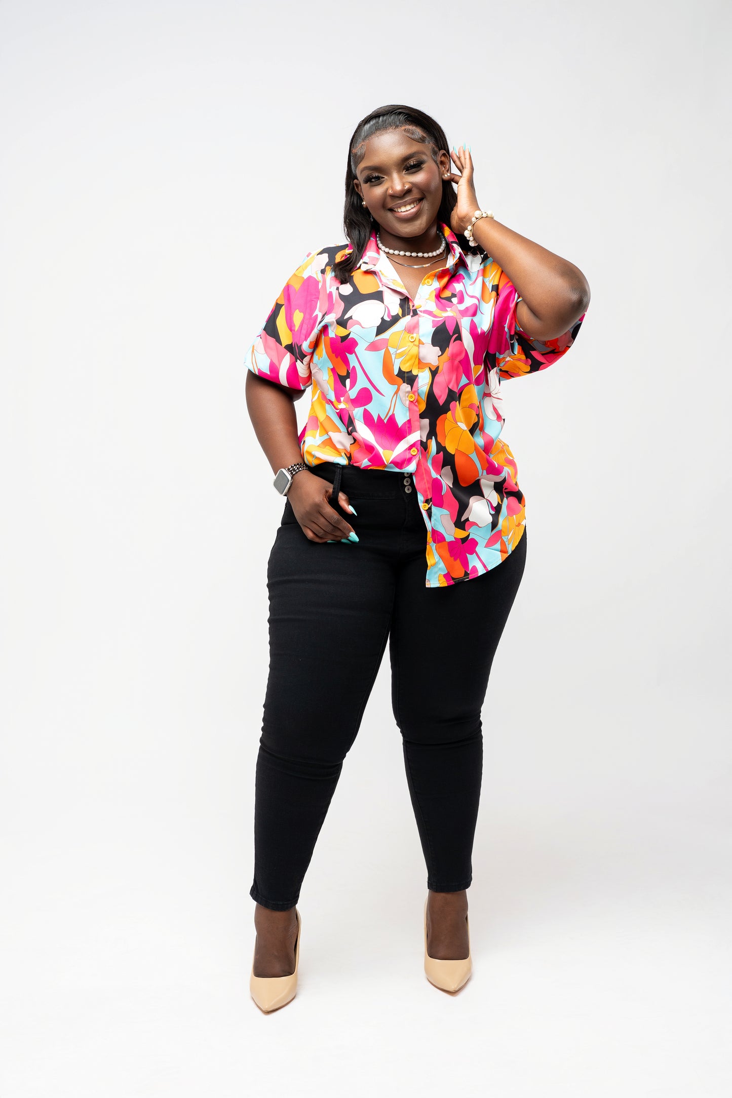Tropical Bloom Button-Up Blouse