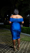 Load image into Gallery viewer, DREN OFF SHOULDER DRAPED  DRESS || ROYAL BLUE