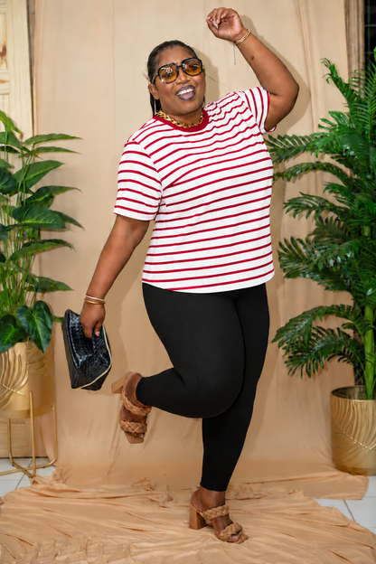 Tayzia Crew Neck Strip Top || Red & White
