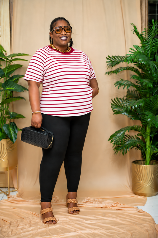 Tayzia Crew Neck Strip Top || Red & White