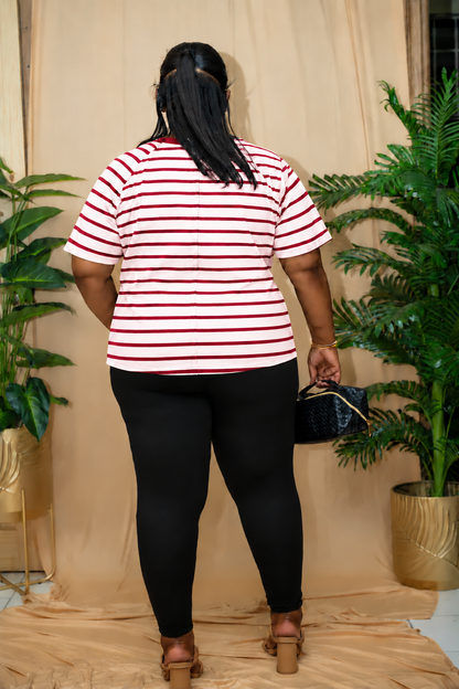 Tayzia Crew Neck Strip Top || Red & White