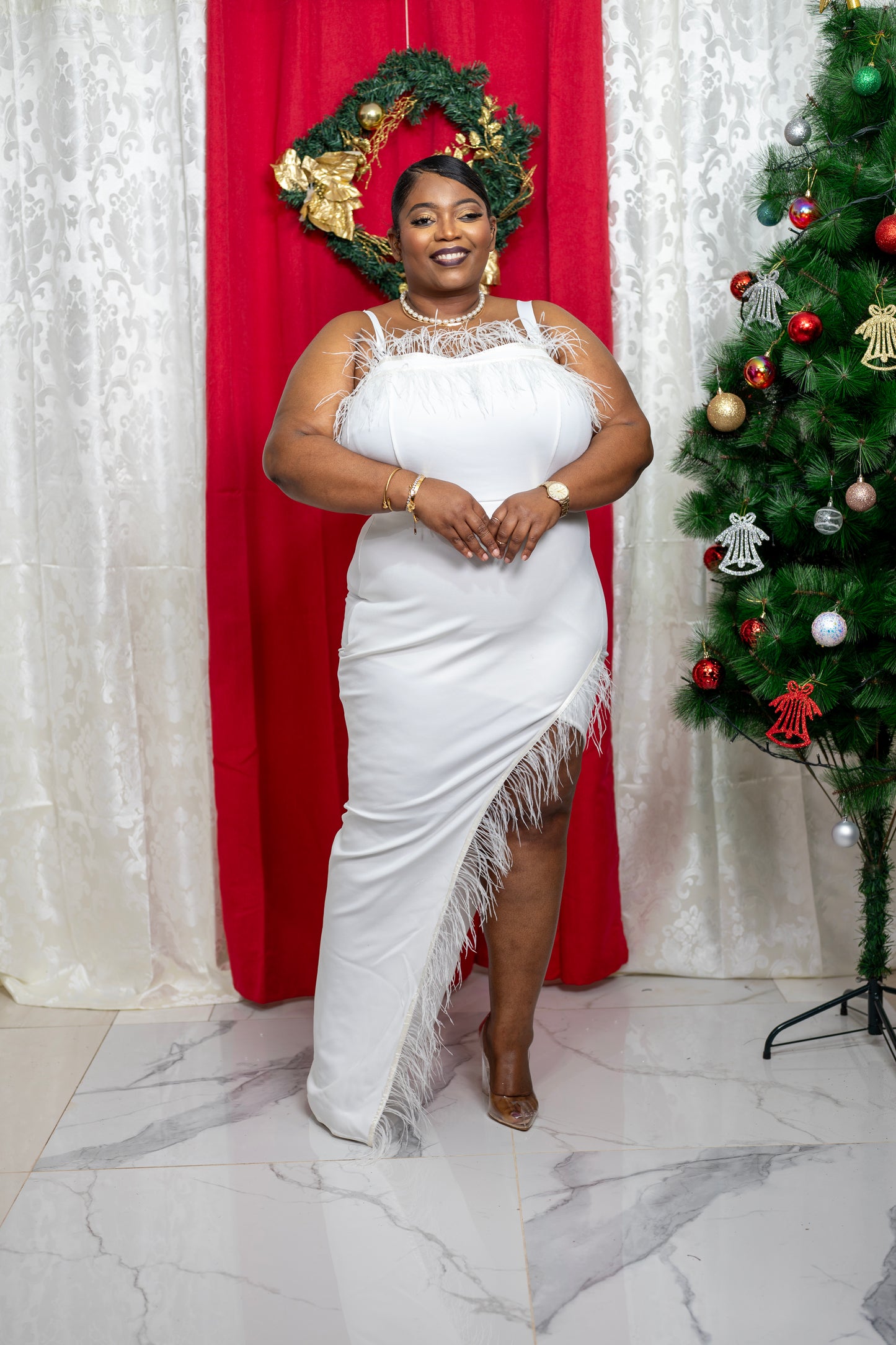 Halo Feather Midi Dress || White