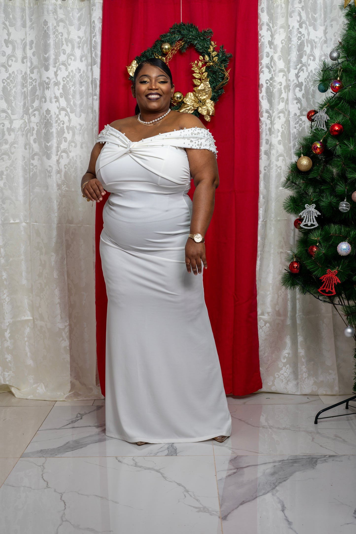 Pearl Promise Off-Shoulder Gown || White