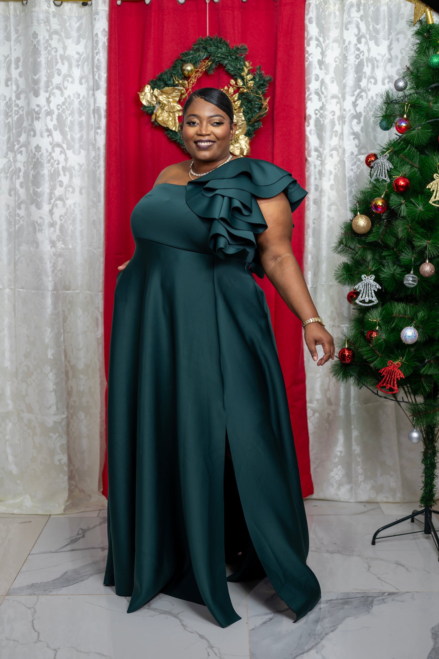 Cloud Kiss Ruffle Sleeve Gown || Hunter Green