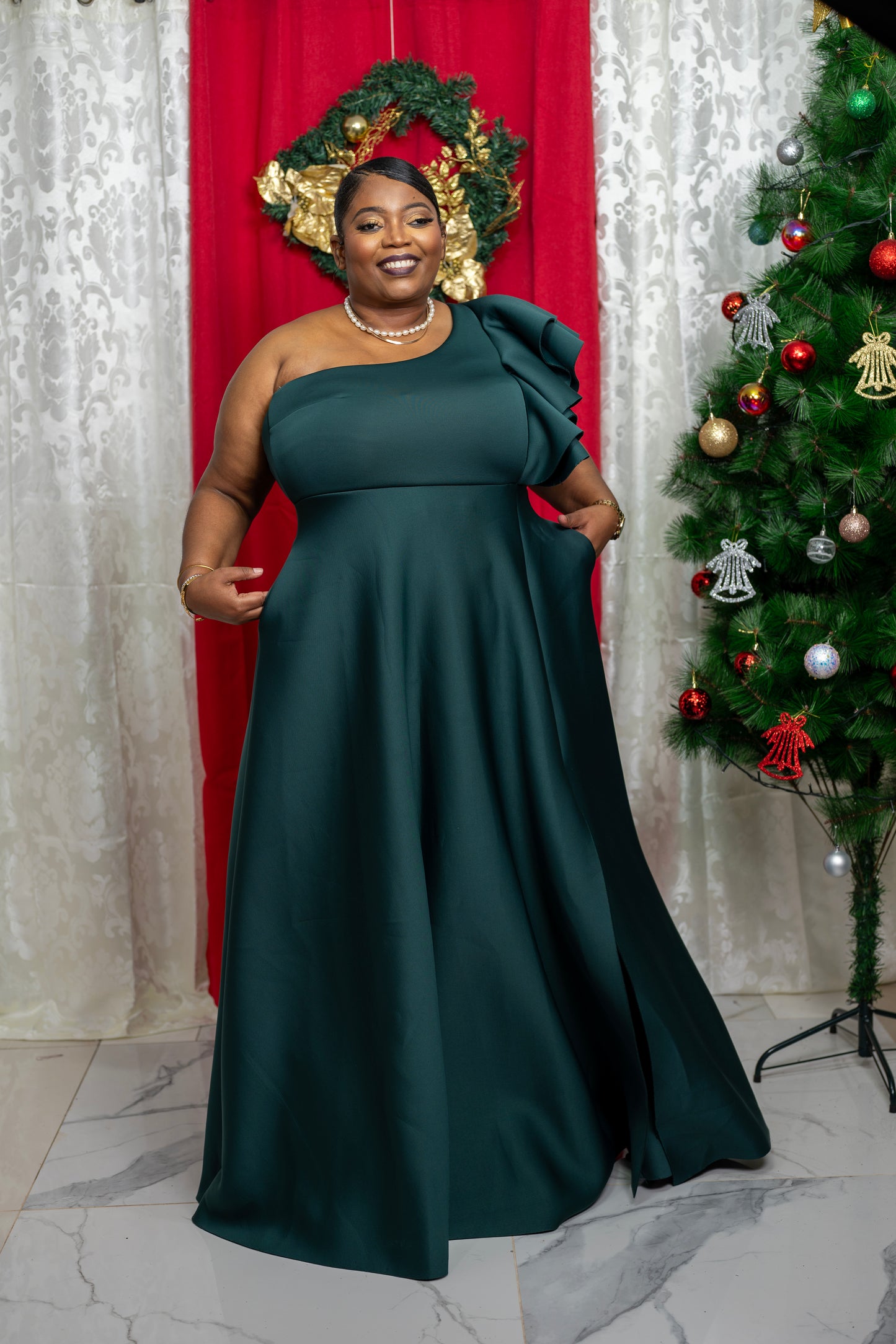 Cloud Kiss Ruffle Sleeve Gown || Hunter Green