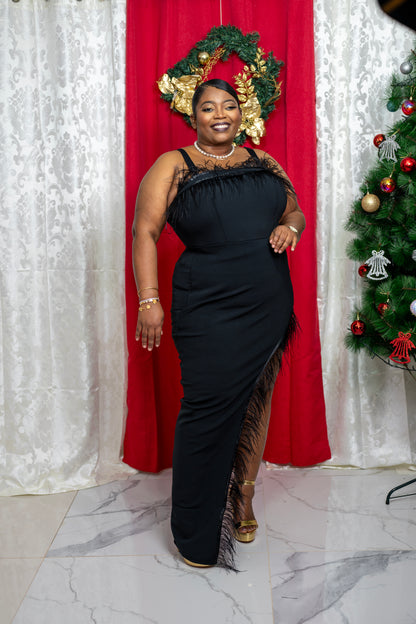 Halo Feather Midi Dress || Black