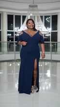 Load image into Gallery viewer, LILIA COLD SHOULDER PEARL TRIM  GOWN - NAVY
