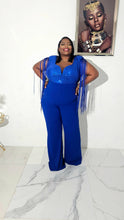 Load image into Gallery viewer, SEQUIN TOP WITH FRINGE SLEEVE JUMPSUIT| ROYAL BLUE
