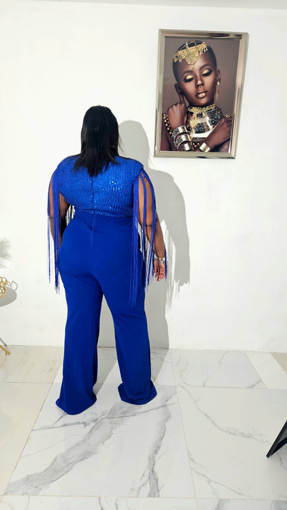 SEQUIN TOP WITH FRINGE SLEEVE JUMPSUIT| ROYAL BLUE