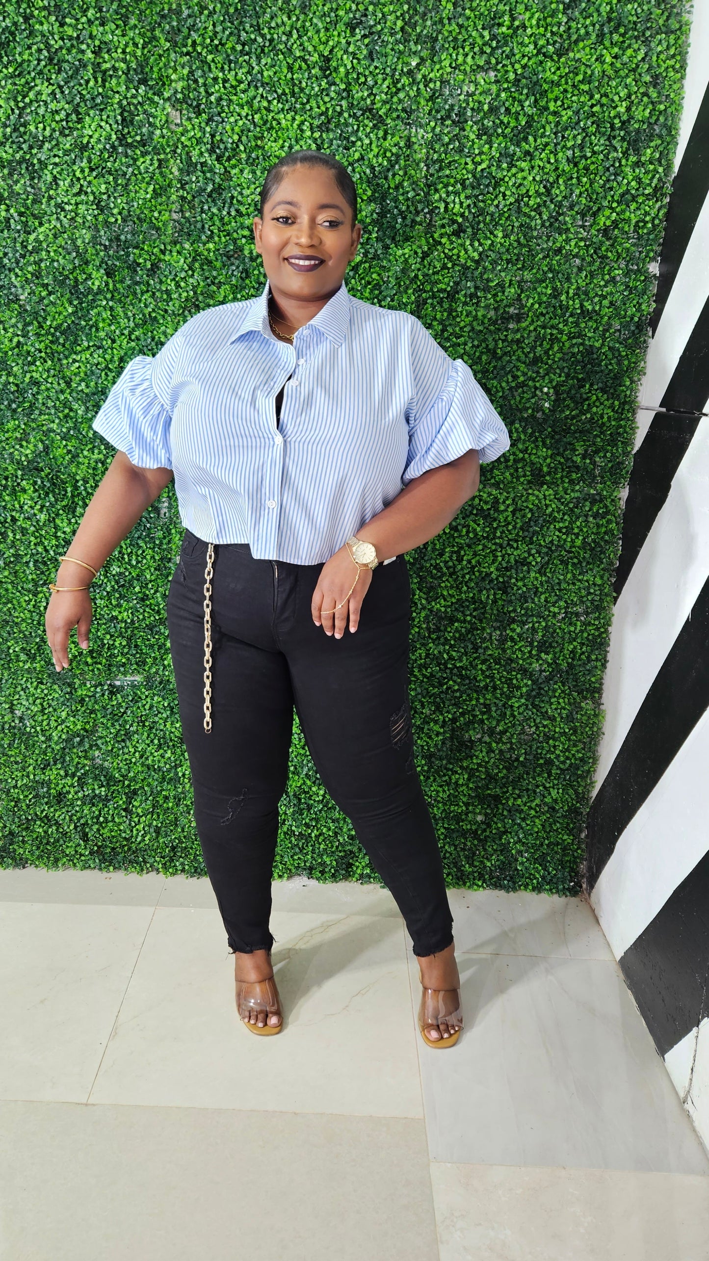 Bubble Down Stripe Crop Top || Blue
