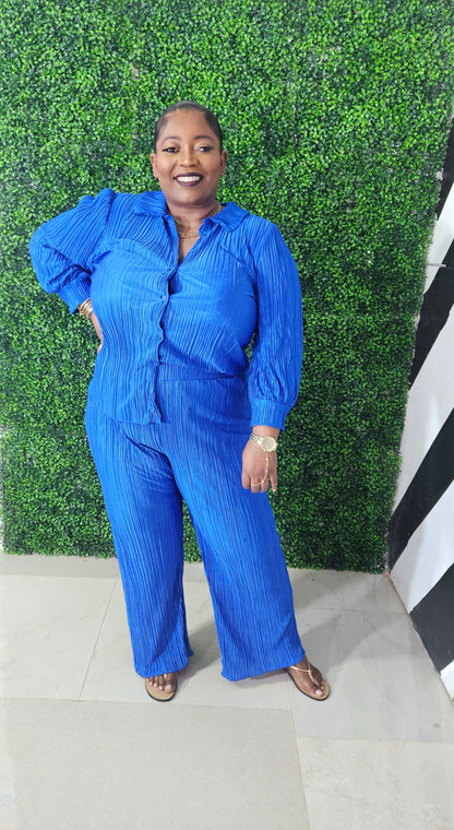 Yes Plisse Pants Set || Royal Blue