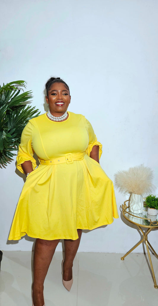 Belted Flare Dress || Yellow