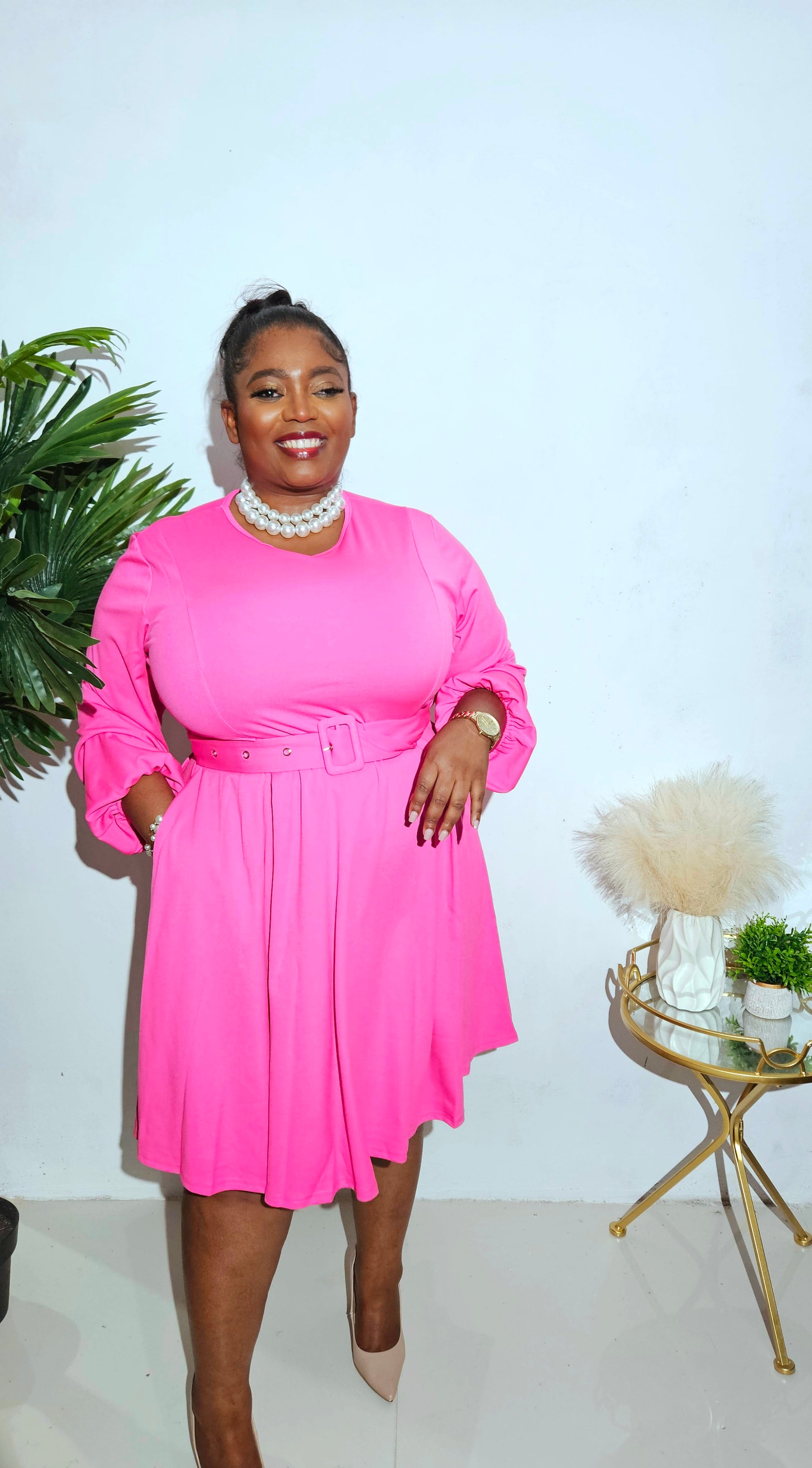 Belted Flare Dress || Pink Curvy Definition Plus Belted Flare Dress || Pink Curvy Definition Plus