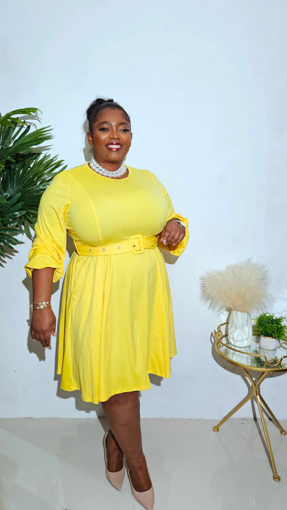Belted Flare Dress || Yellow