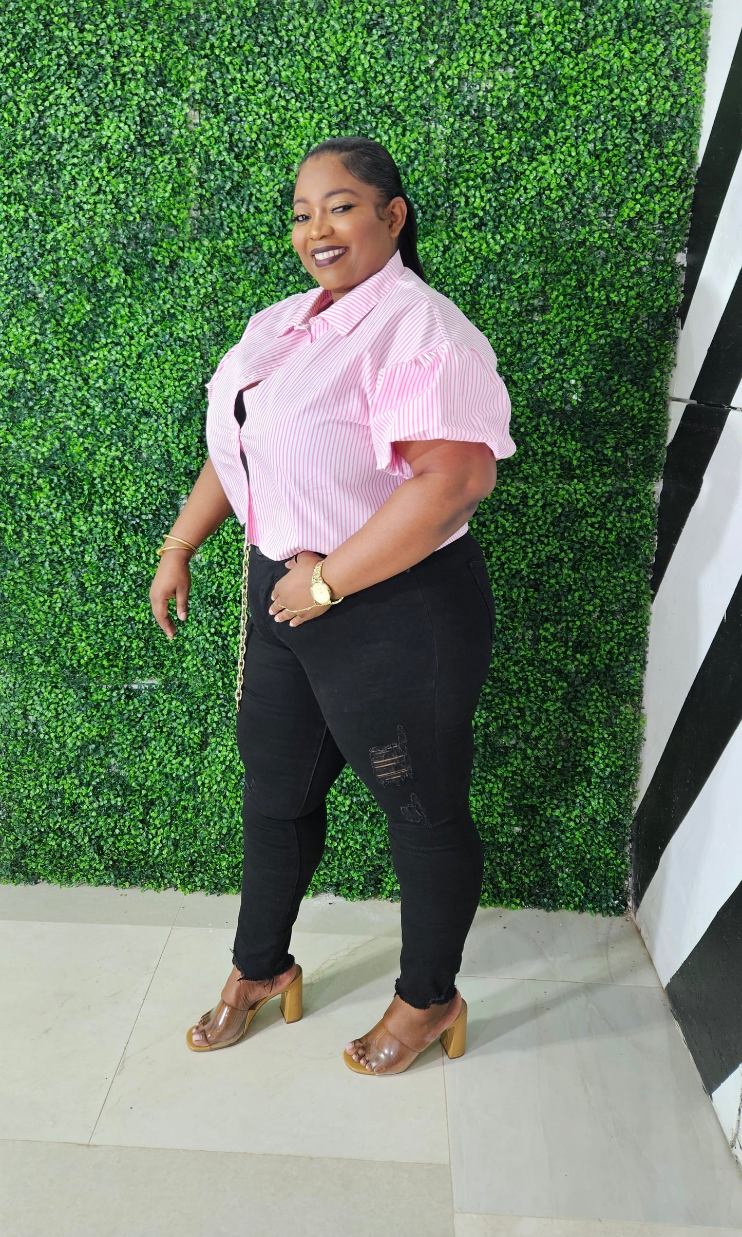 Bubble Down Stripe Crop Top || Pink