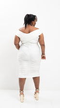 Load image into Gallery viewer, TELLI OFF SHOULDER DRAPED CROSS WRAP DRESS || WHITE

