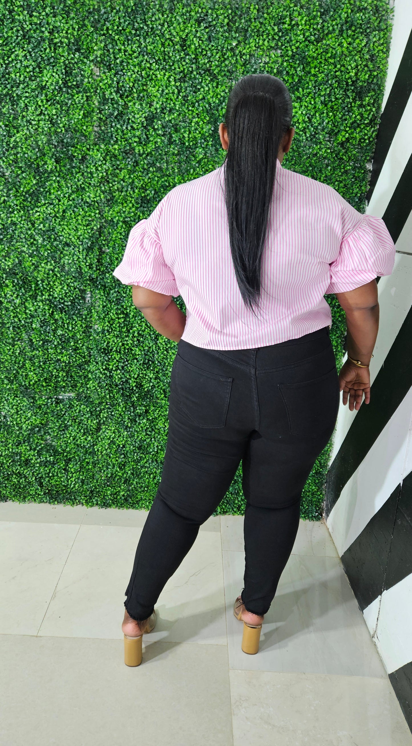 Bubble Down Stripe Crop Top || Pink
